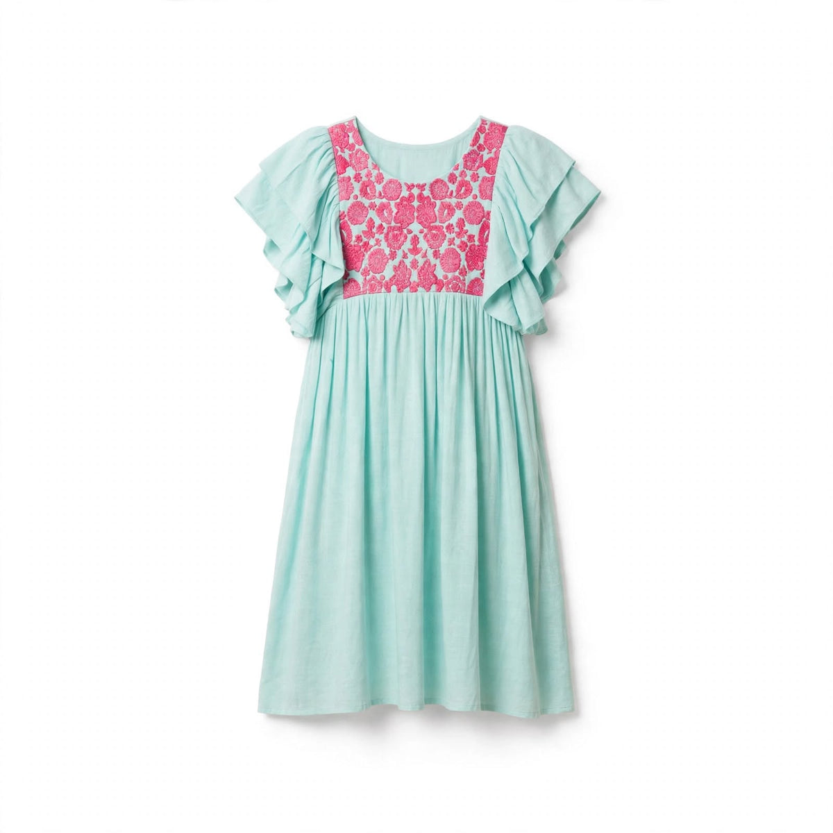 Girls' mint green dress with a pink embroidered yoke panel and double ruffle sleeves