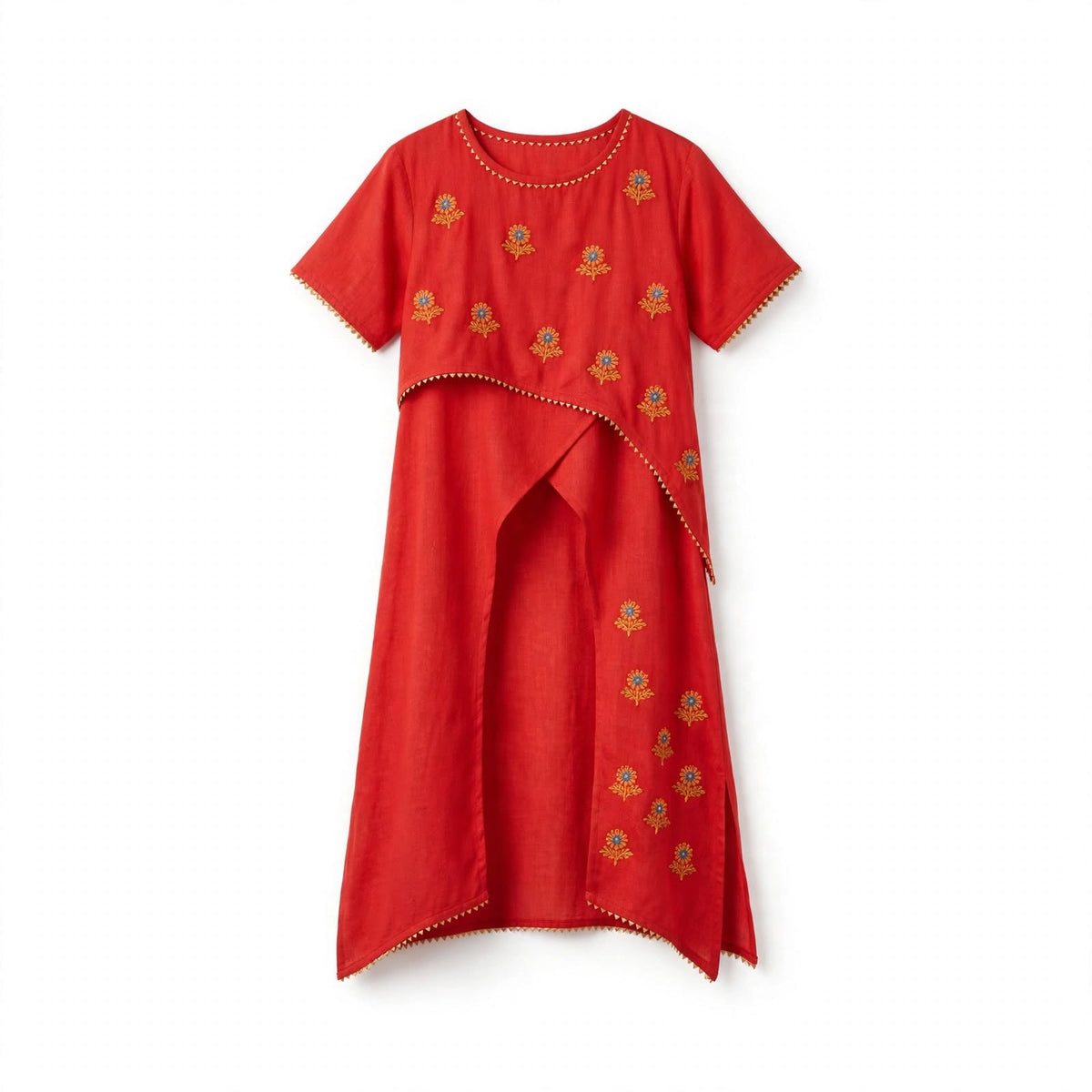 Girls' red layered kurti with marigold embroidery, handkerchief hem and pom-pom trim