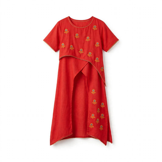 Girls' red layered kurti with marigold embroidery, handkerchief hem and pom-pom trim
