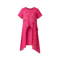 Girls' fuchsia layered kurti with marigold embroidery, handkerchief hem and pom-pom trim