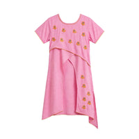 Girls' baby pink layered kurti with floral embroidery, asymmetric overlay and pom-pom trim