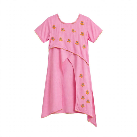 Girls' baby pink layered kurti with floral embroidery, asymmetric overlay and pom-pom trim