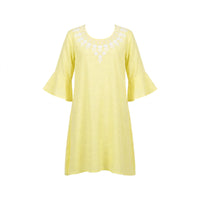 Girls' lemon yellow tunic dress with white neckline embroidery and ruffled sleeves