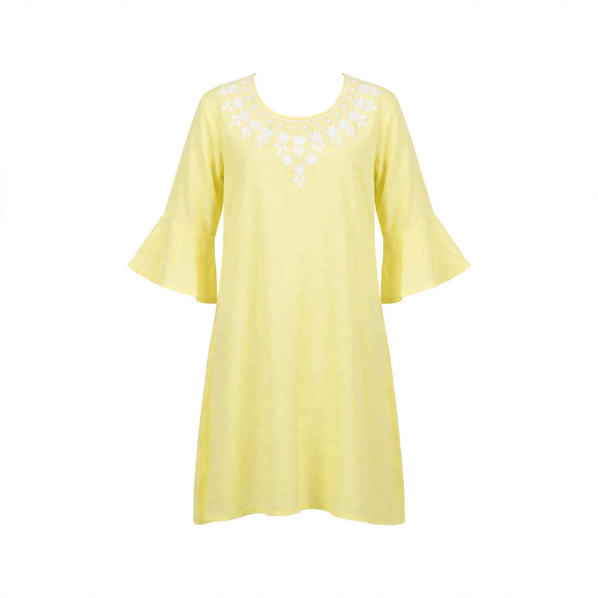 Girls' lemon yellow tunic dress with white neckline embroidery and ruffled sleeves