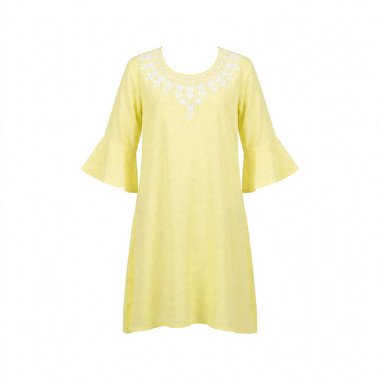 Girls' lemon yellow tunic dress with white neckline embroidery and ruffled sleeves
