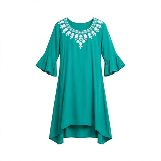 Girls' teal tunic dress with white neckline embroidery and ruffled bell sleeves
