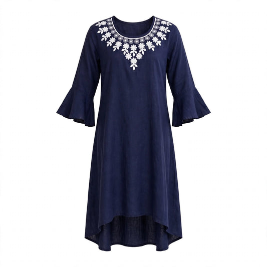Girls' navy tunic dress with white neckline embroidery and ruffled bell sleeves