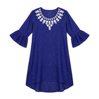 Girls' royal blue tunic dress with white neckline embroidery and ruffled bell sleeves