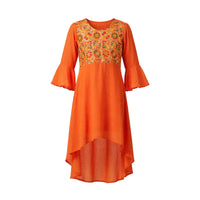 Girls' orange kurti with a mirror work embroidered yoke, bell sleeves and high-low hem