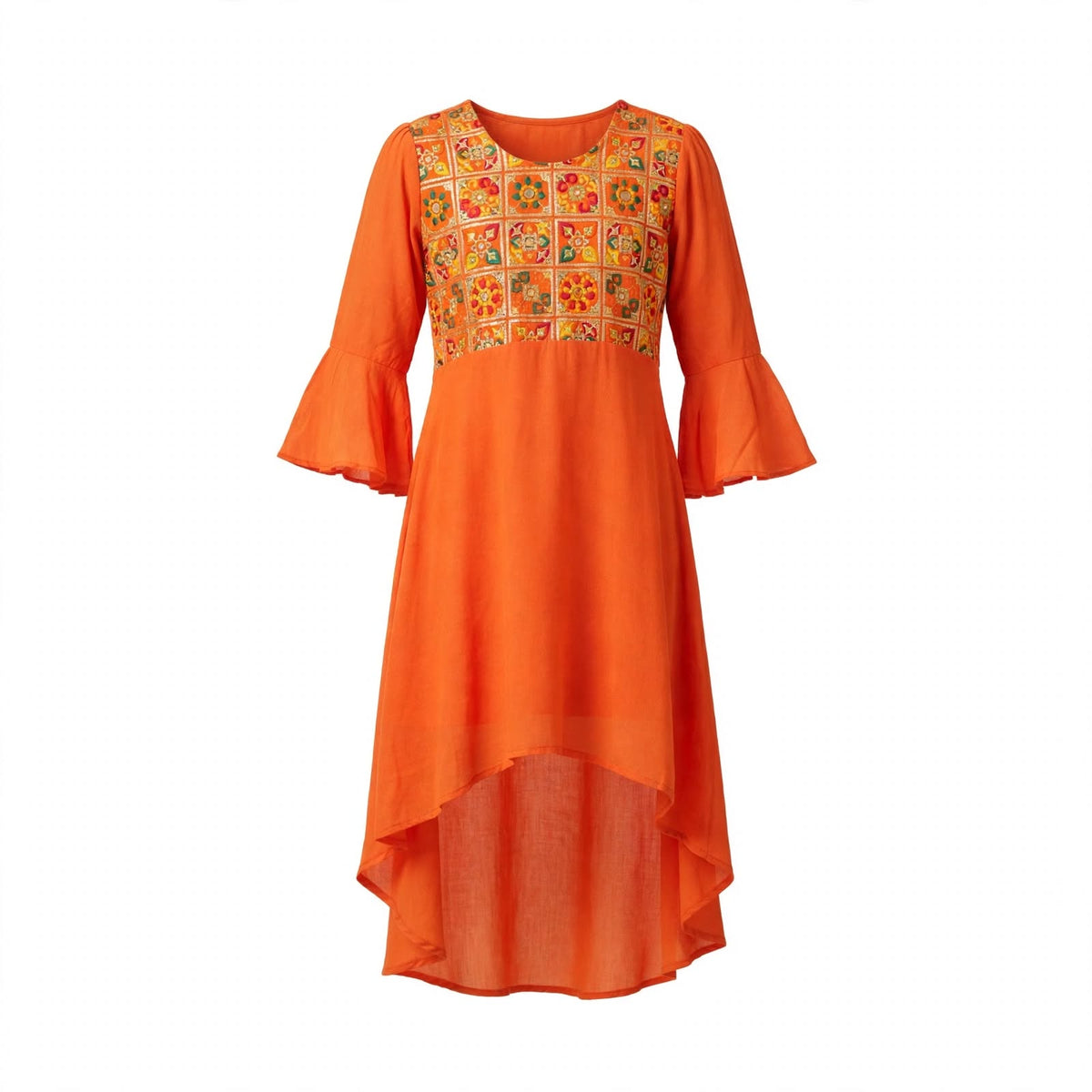 Girls' orange kurti with a mirror work embroidered yoke, bell sleeves and high-low hem