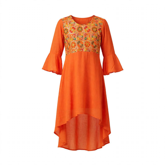 Girls' orange kurti with a mirror work embroidered yoke, bell sleeves and high-low hem
