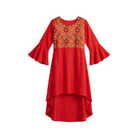Girls' red kurti with a mirror work embroidered yoke, bell sleeves and high-low hem