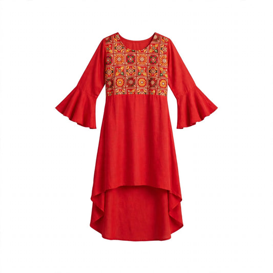 Girls' red kurti with a mirror work embroidered yoke, bell sleeves and high-low hem