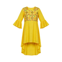 Girls' yellow kurti with a mirror work embroidered yoke, bell sleeves and high-low hem