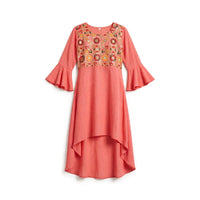 Girls' coral kurti with a mirror work embroidered yoke, bell sleeves and high-low hem