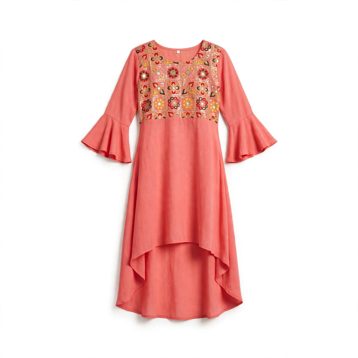 Girls' coral kurti with a mirror work embroidered yoke, bell sleeves and high-low hem