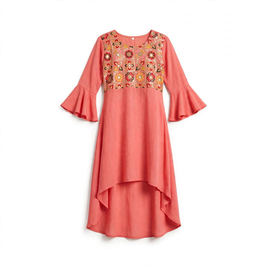 Girls' coral kurti with a mirror work embroidered yoke, bell sleeves and high-low hem