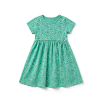 Girls' mint green jersey dress with a white blossom print and gathered skirt