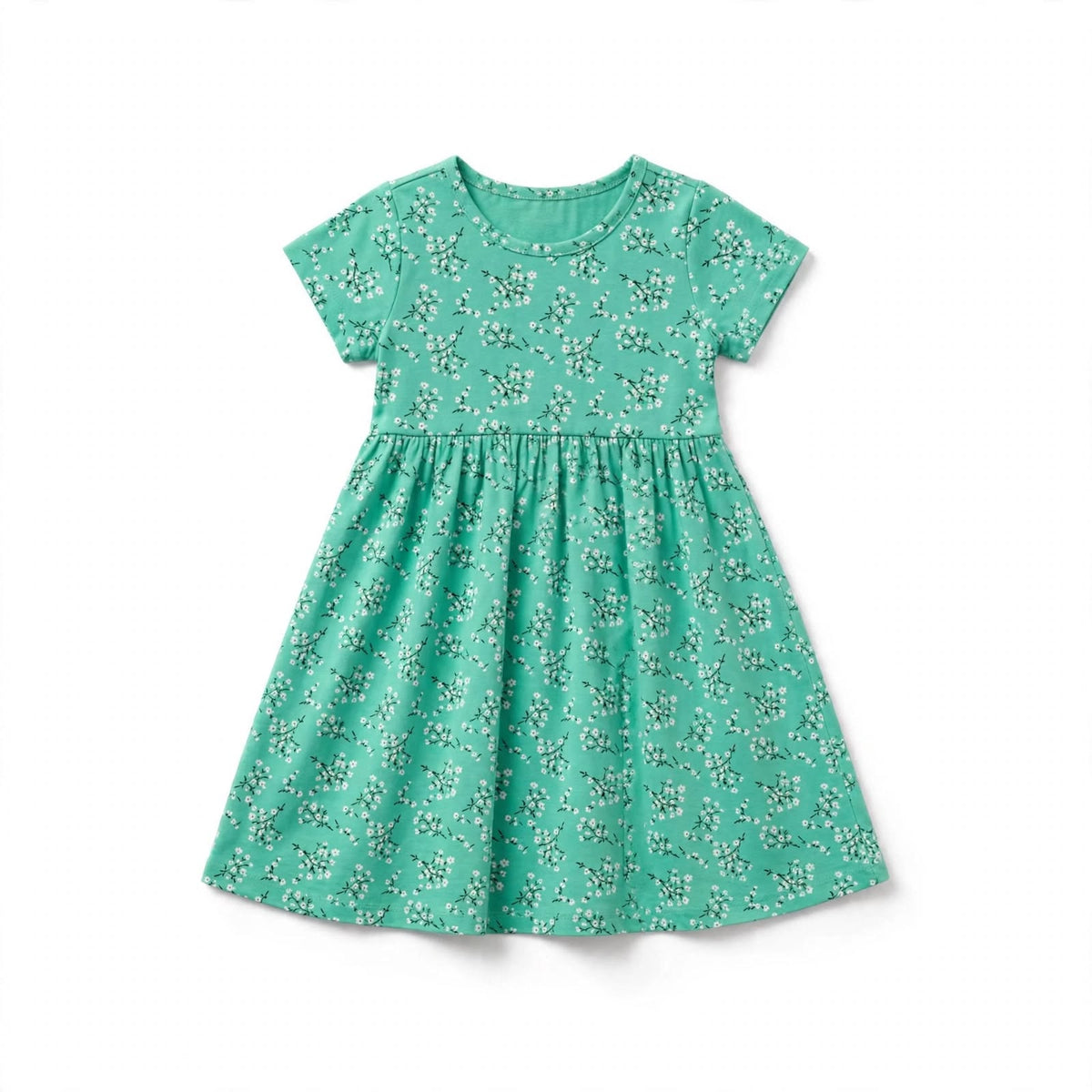 Girls' mint green jersey dress with a white blossom print and gathered skirt