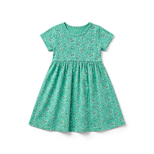Girls' mint green jersey dress with a white blossom print and gathered skirt