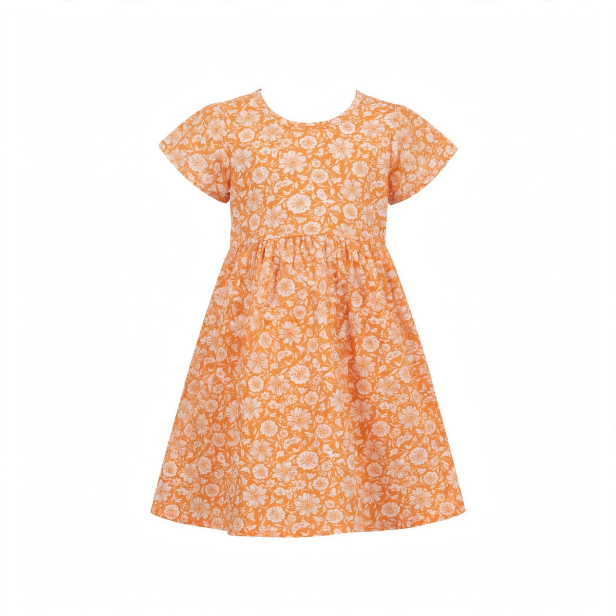 Girls' orange cotton dress with a white floral print and wide flutter sleeves