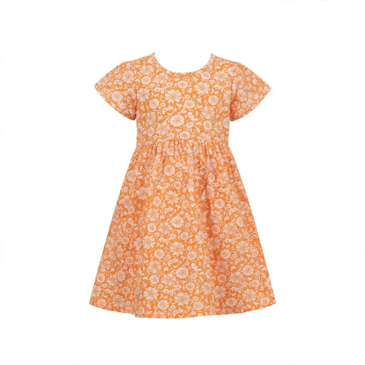 Girls' orange cotton dress with a white floral print and wide flutter sleeves