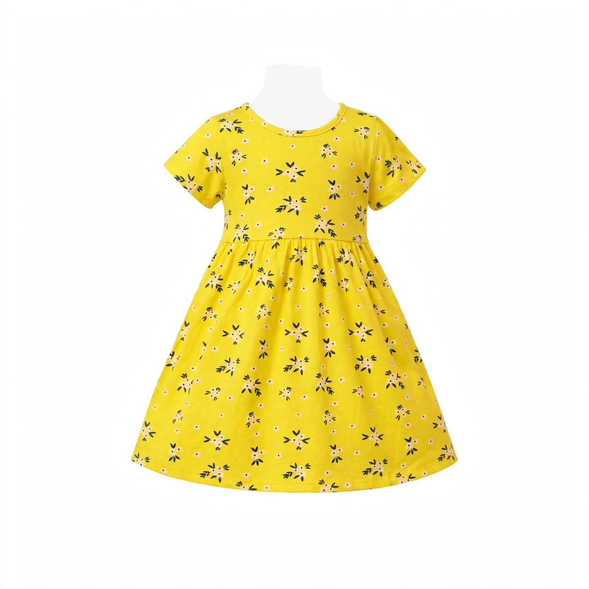 Girls' yellow cotton jersey dress with a white ditsy floral print and gathered skirt