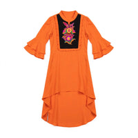 Girls' orange kurti with a black embroidered bib panel and ruffled bell sleeves