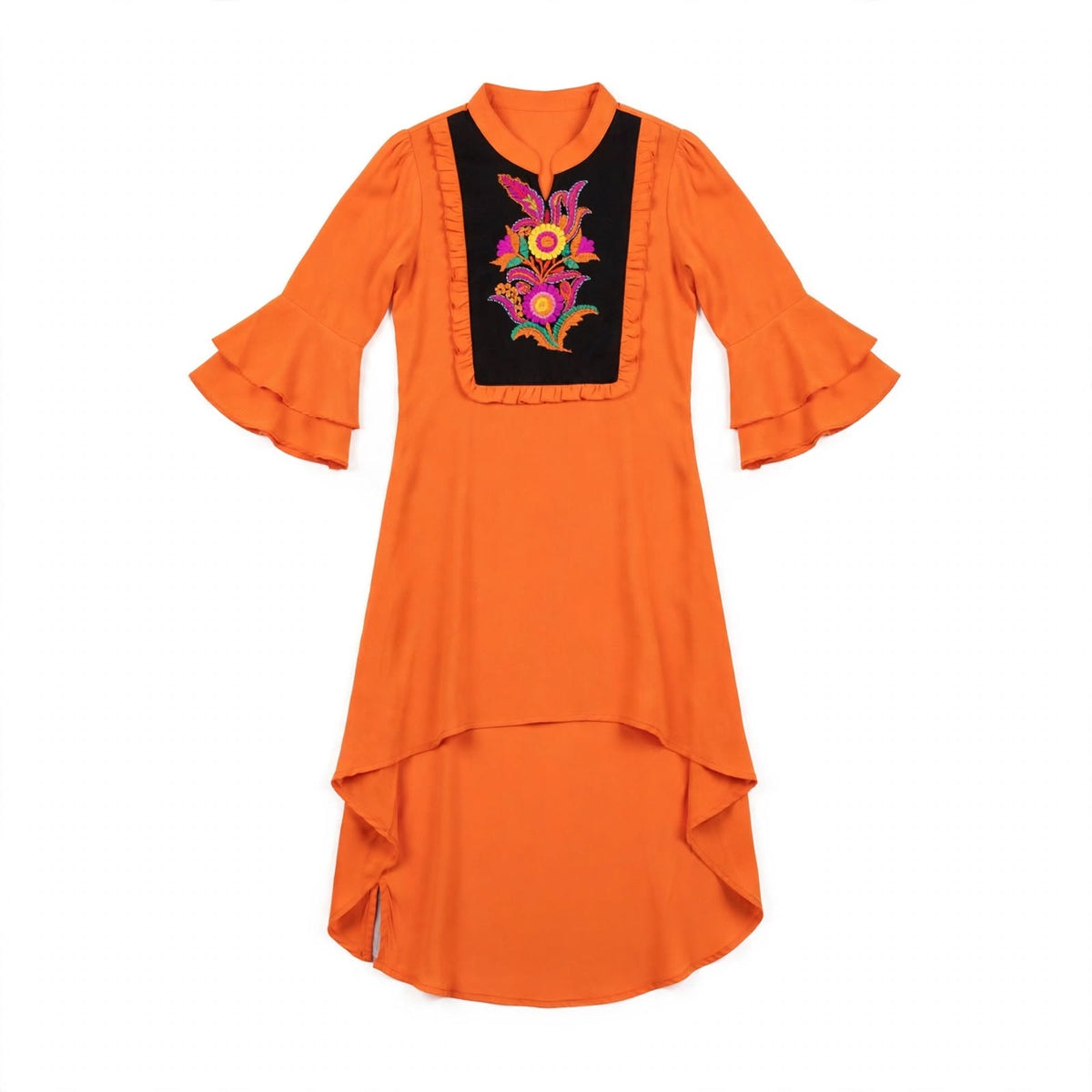 Girls' orange kurti with a black embroidered bib panel and ruffled bell sleeves