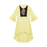 Girls' lemon yellow kurti with a black embroidered bib panel and high-low hem