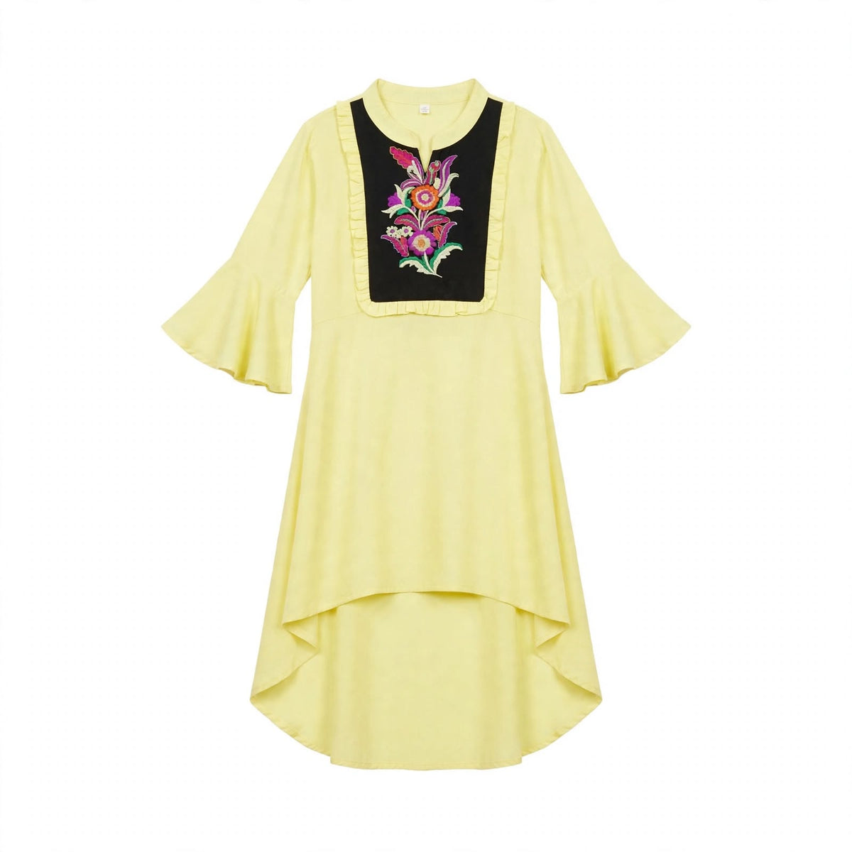 Girls' lemon yellow kurti with a black embroidered bib panel and high-low hem