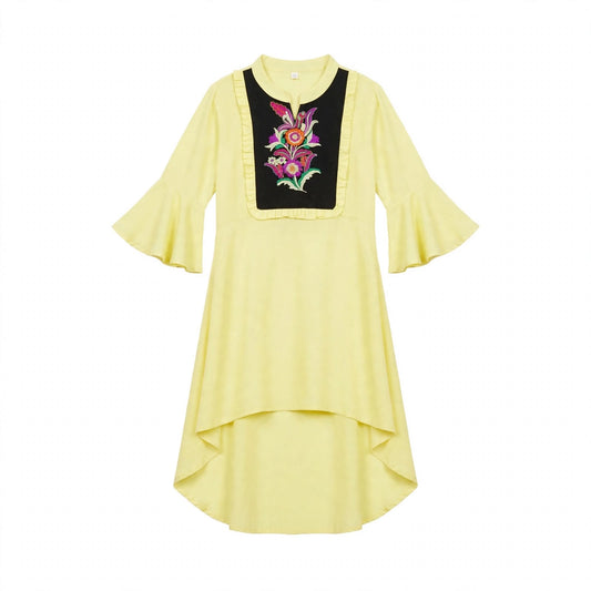 Girls' lemon yellow kurti with a black embroidered bib panel and high-low hem