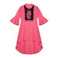 Girls' coral pink kurti with a black embroidered bib panel and ruffle trim