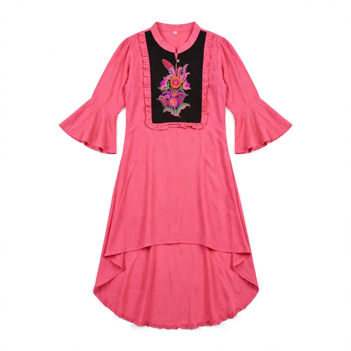 Girls' coral pink kurti with a black embroidered bib panel and ruffle trim
