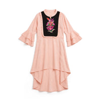 Girls' peach kurti with a black embroidered bib panel, mandarin collar and high-low hem