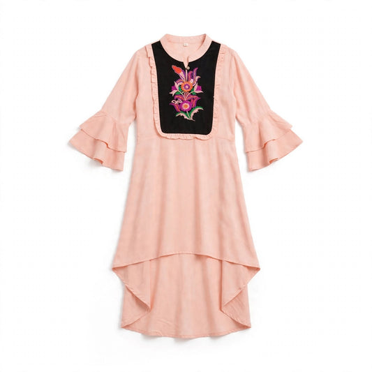 Girls' peach kurti with a black embroidered bib panel, mandarin collar and high-low hem