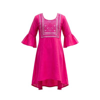Girls' fuchsia kurti with a silver mirror work square yoke and pleated bell sleeves