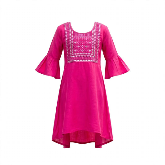 Girls' fuchsia kurti with a silver mirror work square yoke and pleated bell sleeves