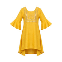 Girls' mustard kurti with a mirror work square yoke, bell sleeves and high-low hem