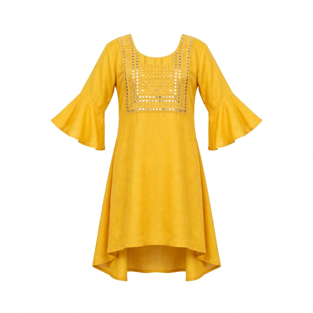 Girls' mustard kurti with a mirror work square yoke, bell sleeves and high-low hem