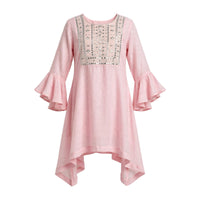Girls' blush pink kurti with a silver mirror work square yoke and handkerchief hem
