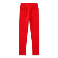 Girls' red cotton leggings with an elastic waistband and two front patch pockets