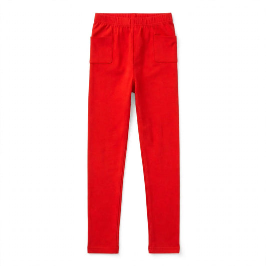 Girls' red cotton leggings with an elastic waistband and two front patch pockets