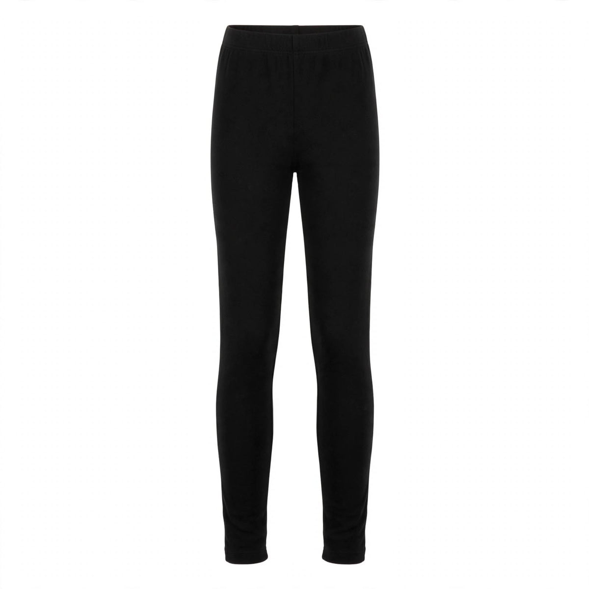 Girls' black cotton stretch leggings with an elastic waistband and ankle-length leg