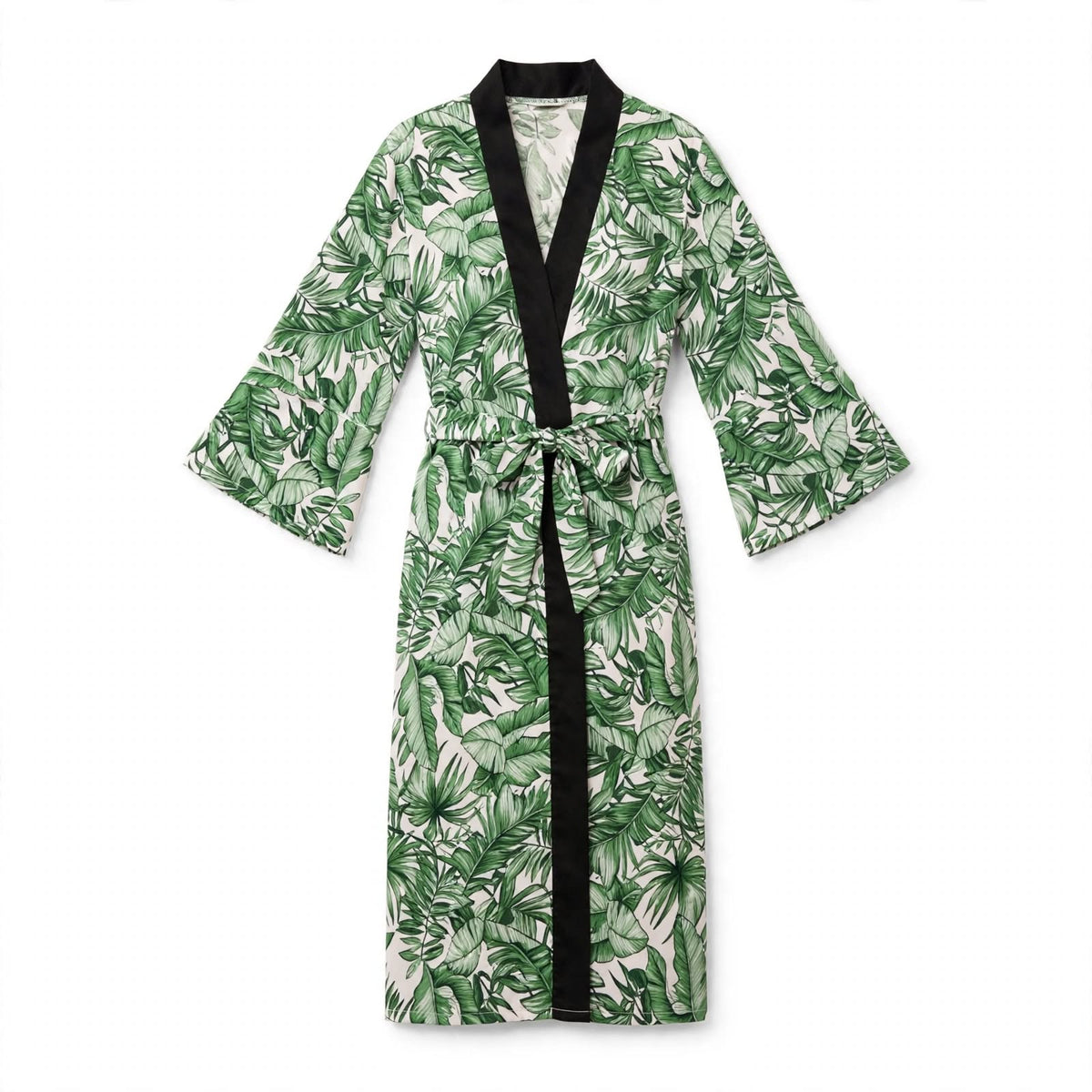 Long satin kimono robe with green tropical leaf print and black shawl collar