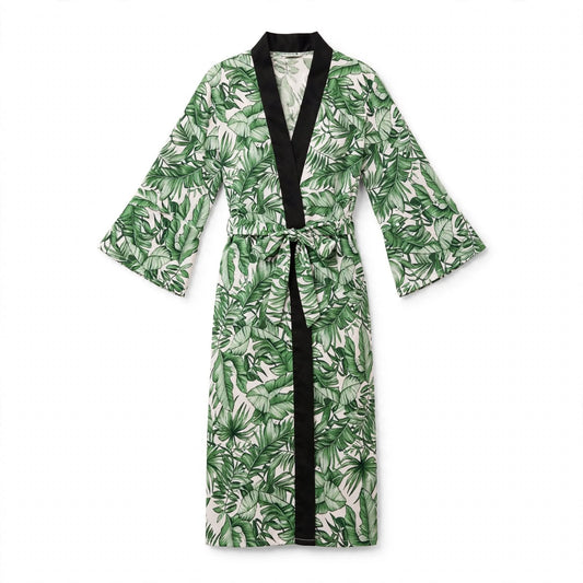 Long satin kimono robe with green tropical leaf print and black shawl collar