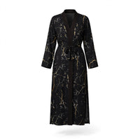 Long black satin kimono robe with gold marble print and shawl collar