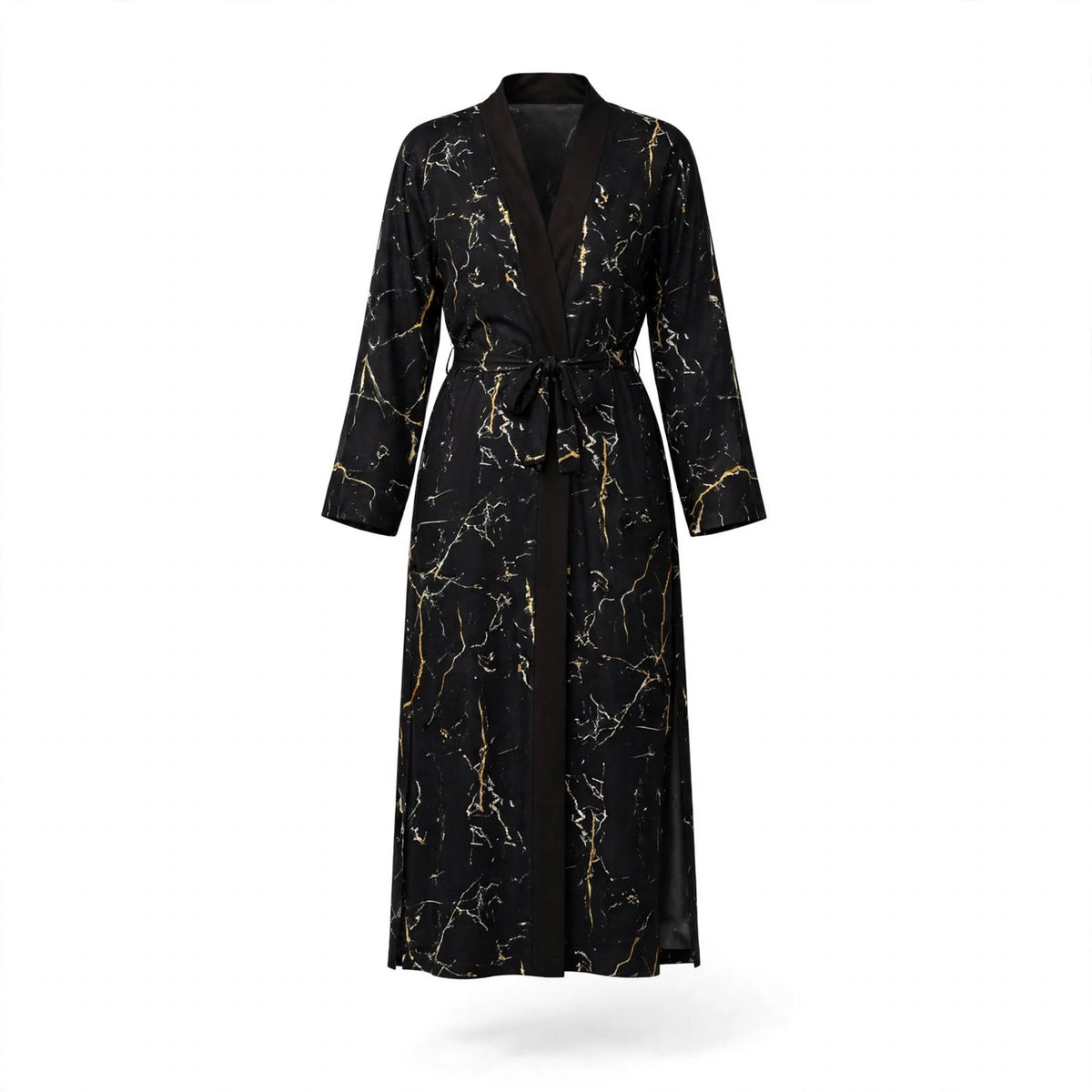 Long black satin kimono robe with gold marble print and shawl collar