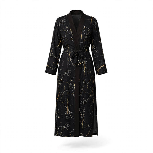 Long black satin kimono robe with gold marble print and shawl collar