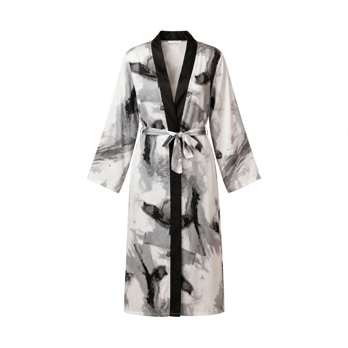 Long satin kimono robe with black and white abstract brushstroke print and tie belt